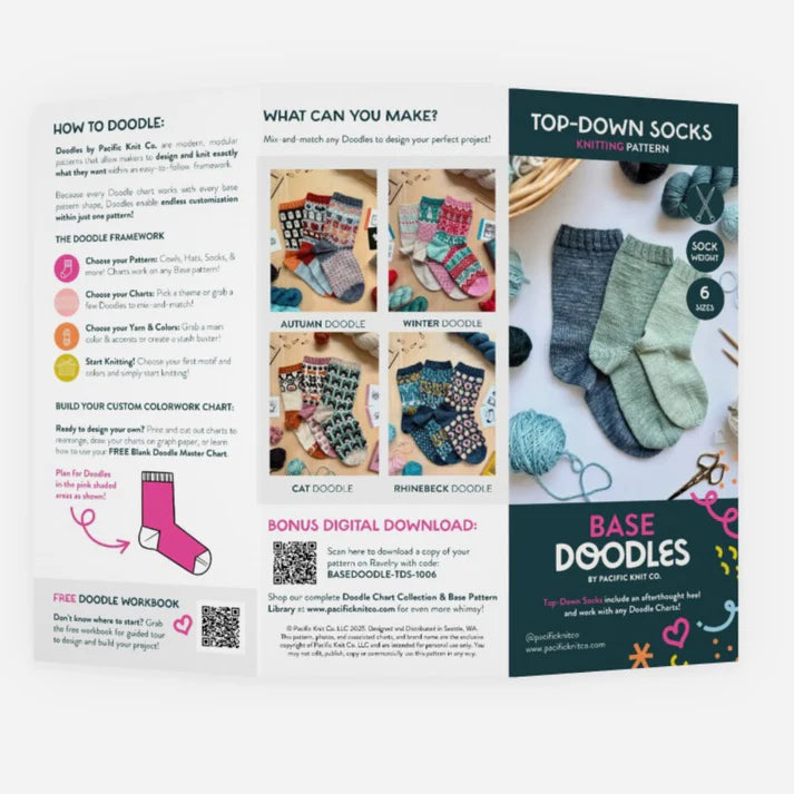THE BASE DOODLE SOCK - Fingering Weight - Top Down - Pattern Brochure Wooly Owl Fibers