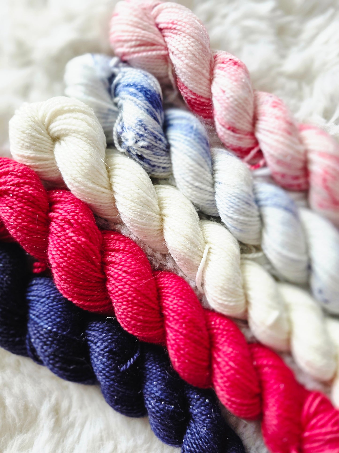 Stars, Stripes & Sparkles Mini Skein Set + Themed Stitch Markers! Wooly Owl Fibers