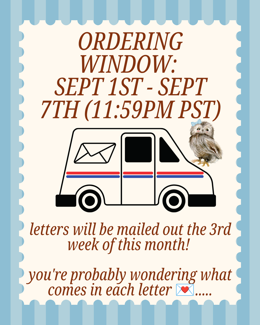Owl's Hollow Postal Service with Mabel -  Snail Mail Monthly Subscription Wooly Owl Fibers
