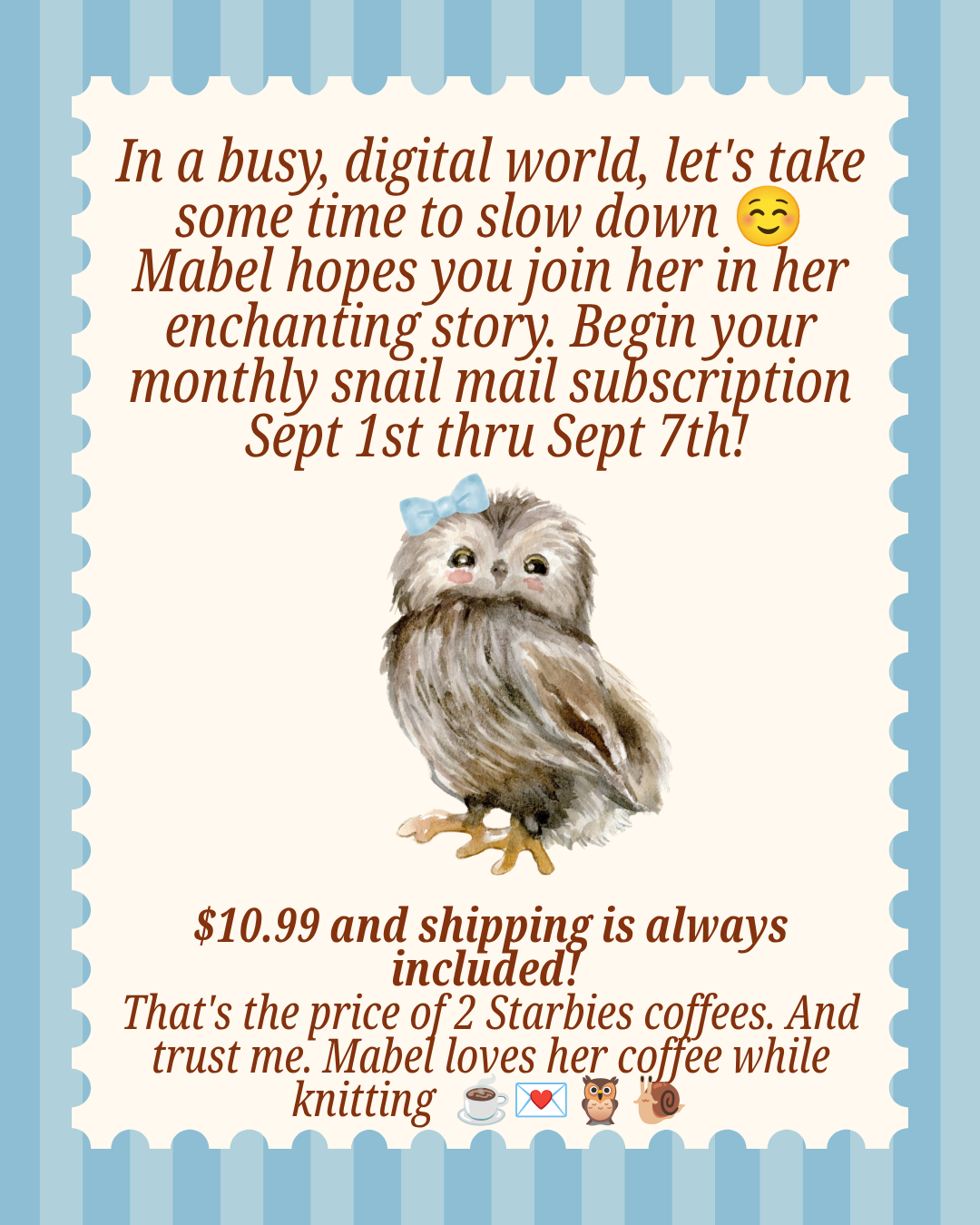 Owl's Hollow Postal Service with Mabel -  Snail Mail Monthly Subscription Wooly Owl Fibers