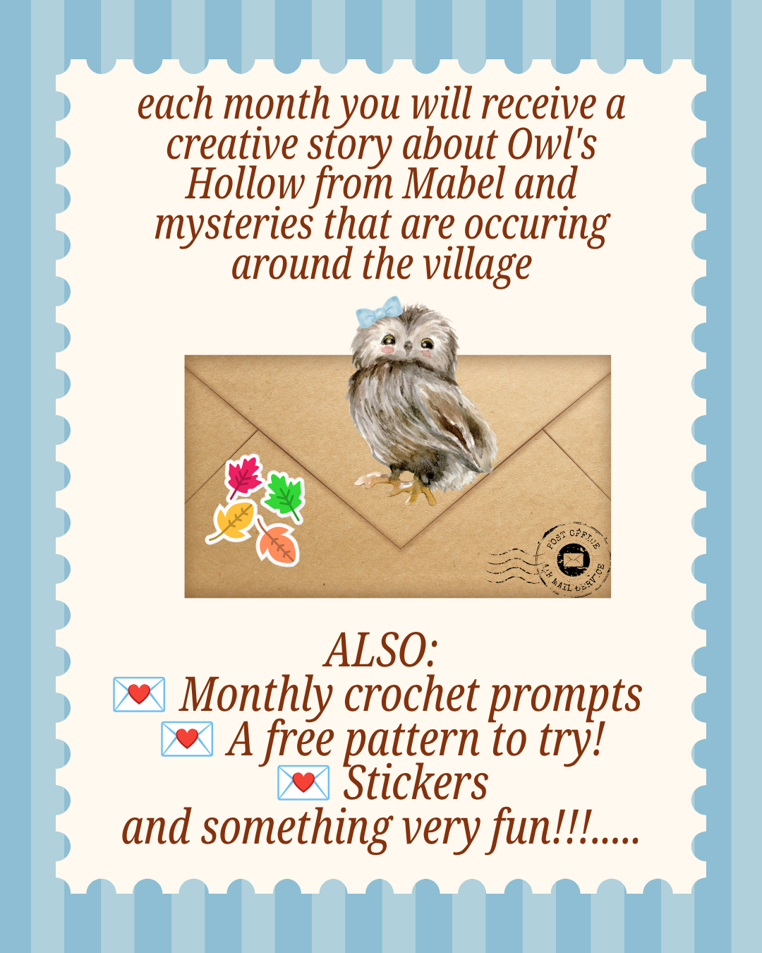 Owl's Hollow Postal Service with Mabel -  Snail Mail Monthly Subscription Wooly Owl Fibers