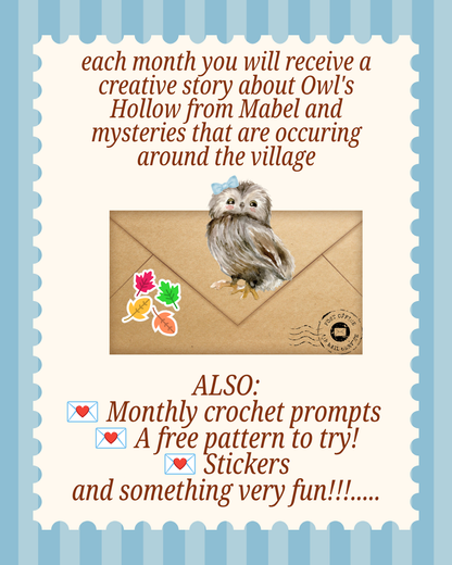 Owl's Hollow Postal Service with Mabel -  Snail Mail Monthly Subscription Wooly Owl Fibers