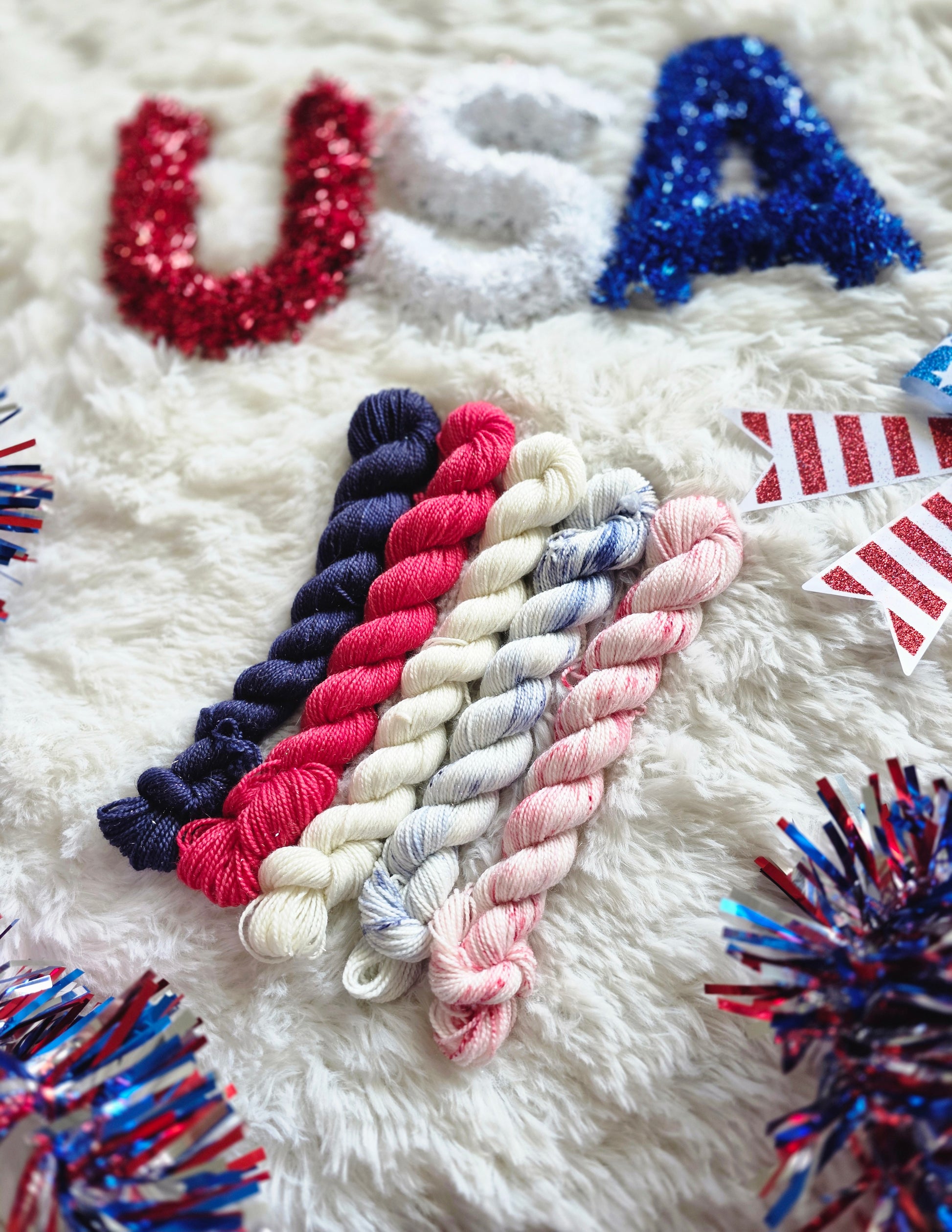 Stars, Stripes & Sparkles Mini Skein Set + Themed Stitch Markers! Wooly Owl Fibers