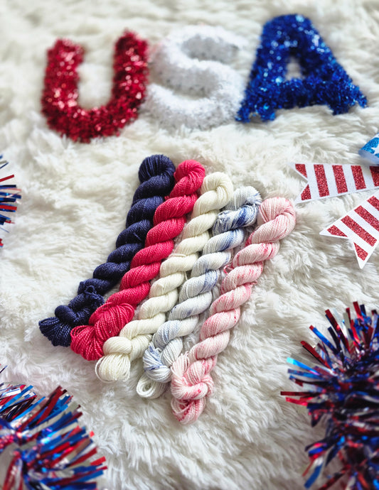 Stars, Stripes & Sparkles Mini Skein Set + Themed Stitch Markers! Wooly Owl Fibers