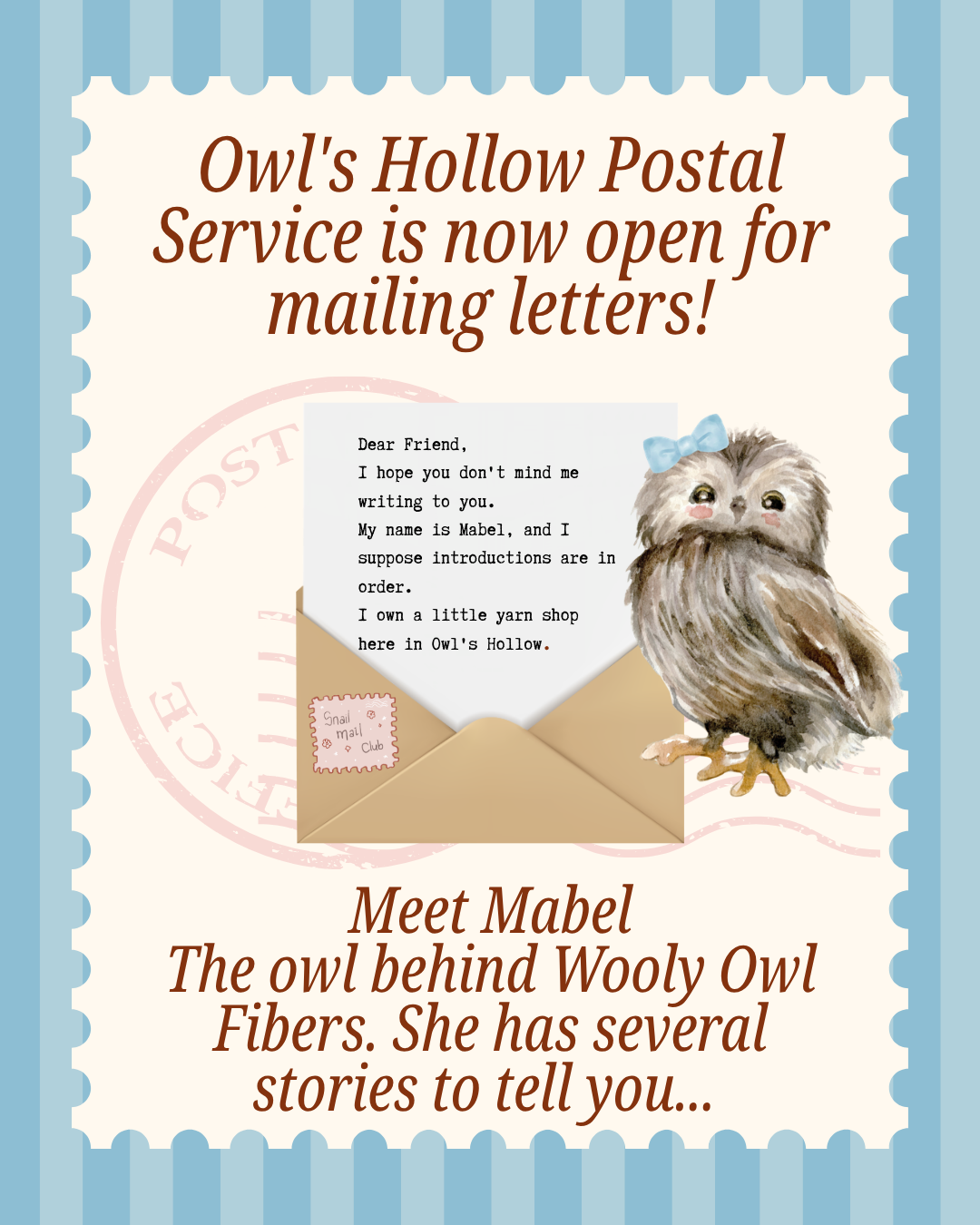 Owl's Hollow Postal Service with Mabel -  Snail Mail Monthly Subscription Wooly Owl Fibers